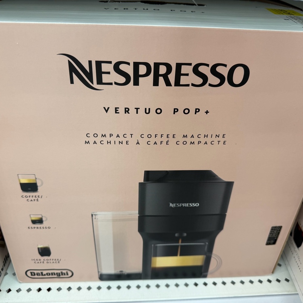 Nespresso Vertuo Pop+ Compact Coffee Machine - Black on Blush Pink Box